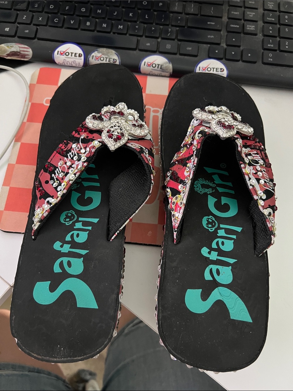 Black and red Carpe Diem Jeweled Thong Sandals - Safari Girl